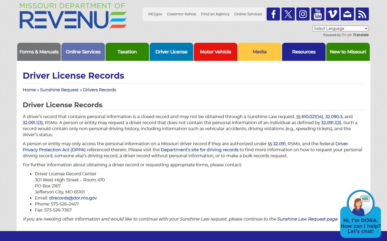 Lewis County traffic court records Missouri DOR driver privacy guidance