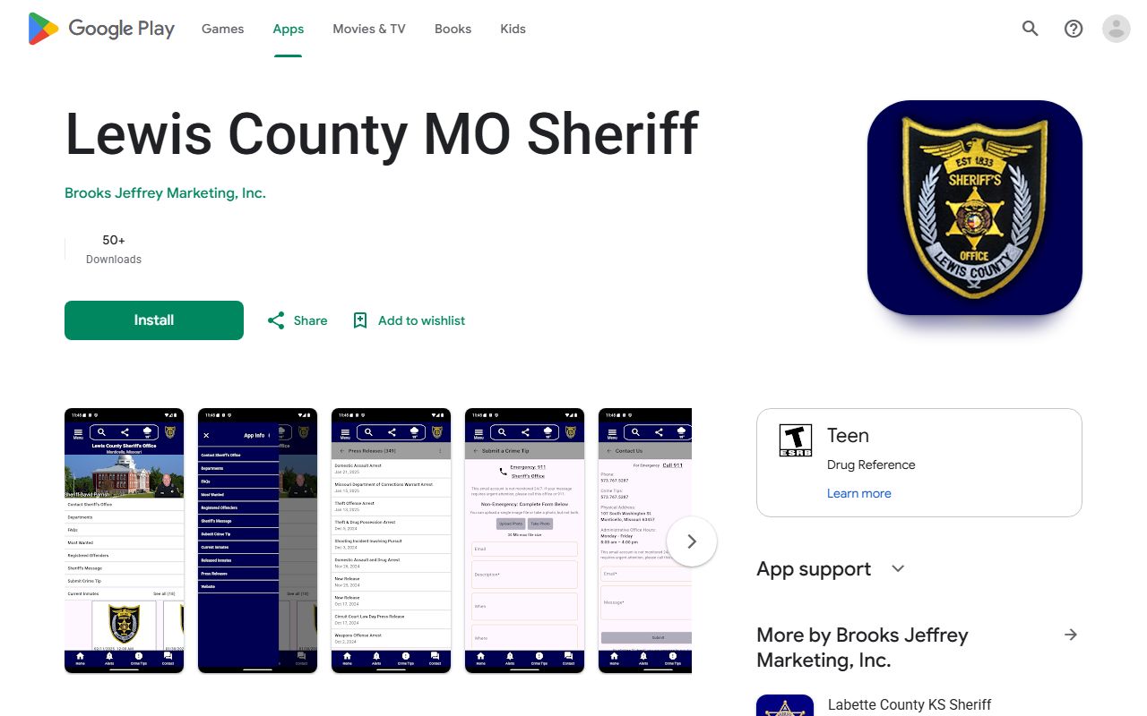 Lewis County warrant records Sheriff Android app listing