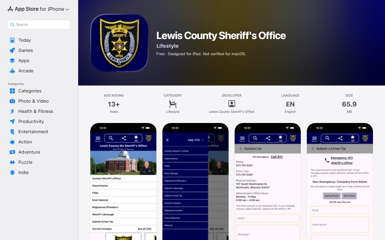 Lewis County warrant records Sheriff iOS app listing